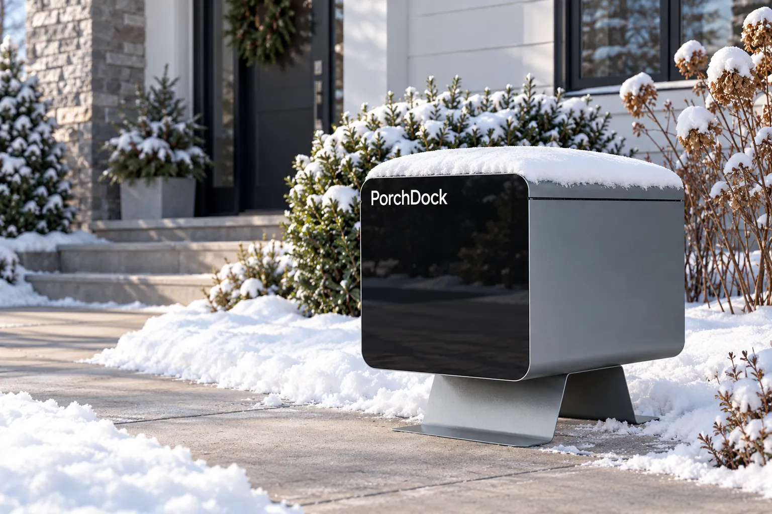 PorchDock covered with fresh snow beside a front walkway in winter